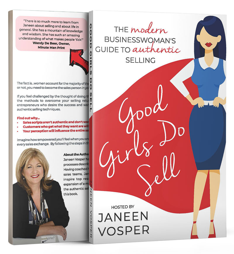 Janeen's book - Good Girls do Sell, The Modern Business Woman's Guide to Authentic Selling. An image of a woman in a red cloak