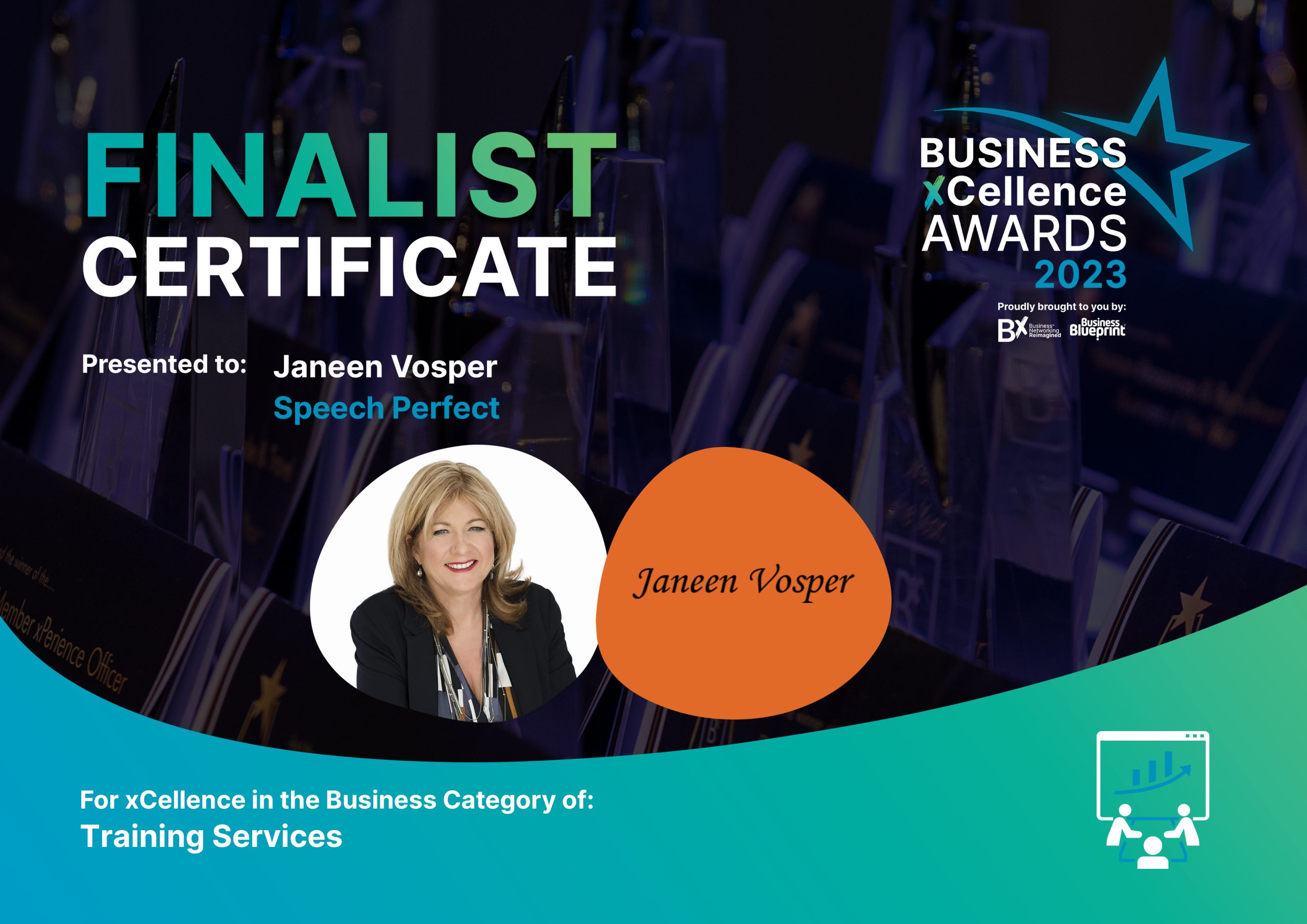 Finalist certificate Bx Business Distinction awards Janeen Vosper
