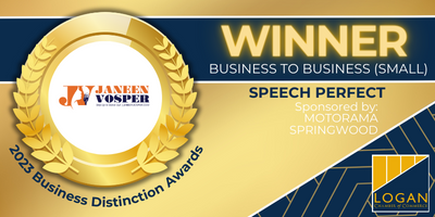 a gold and black banner image with the words winner Business to Bussiness (small) Speech Perfect Sponsored by Mortorama Springwood. 2023 Business Districntion Awards