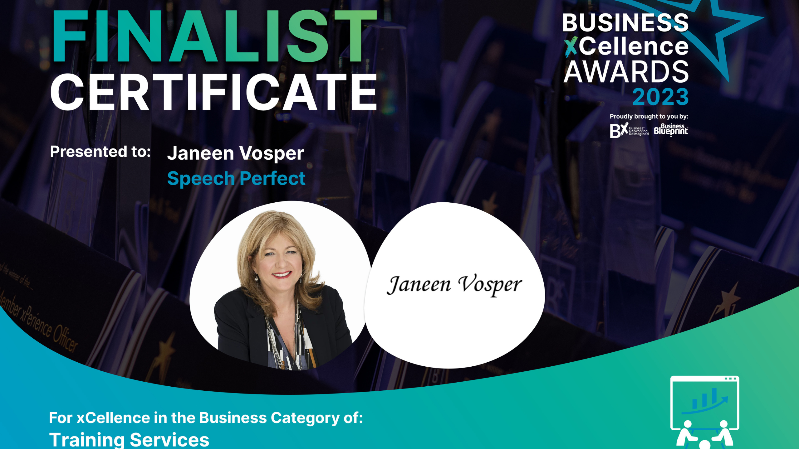 Bx award finalist certificate for Janeen Vosper