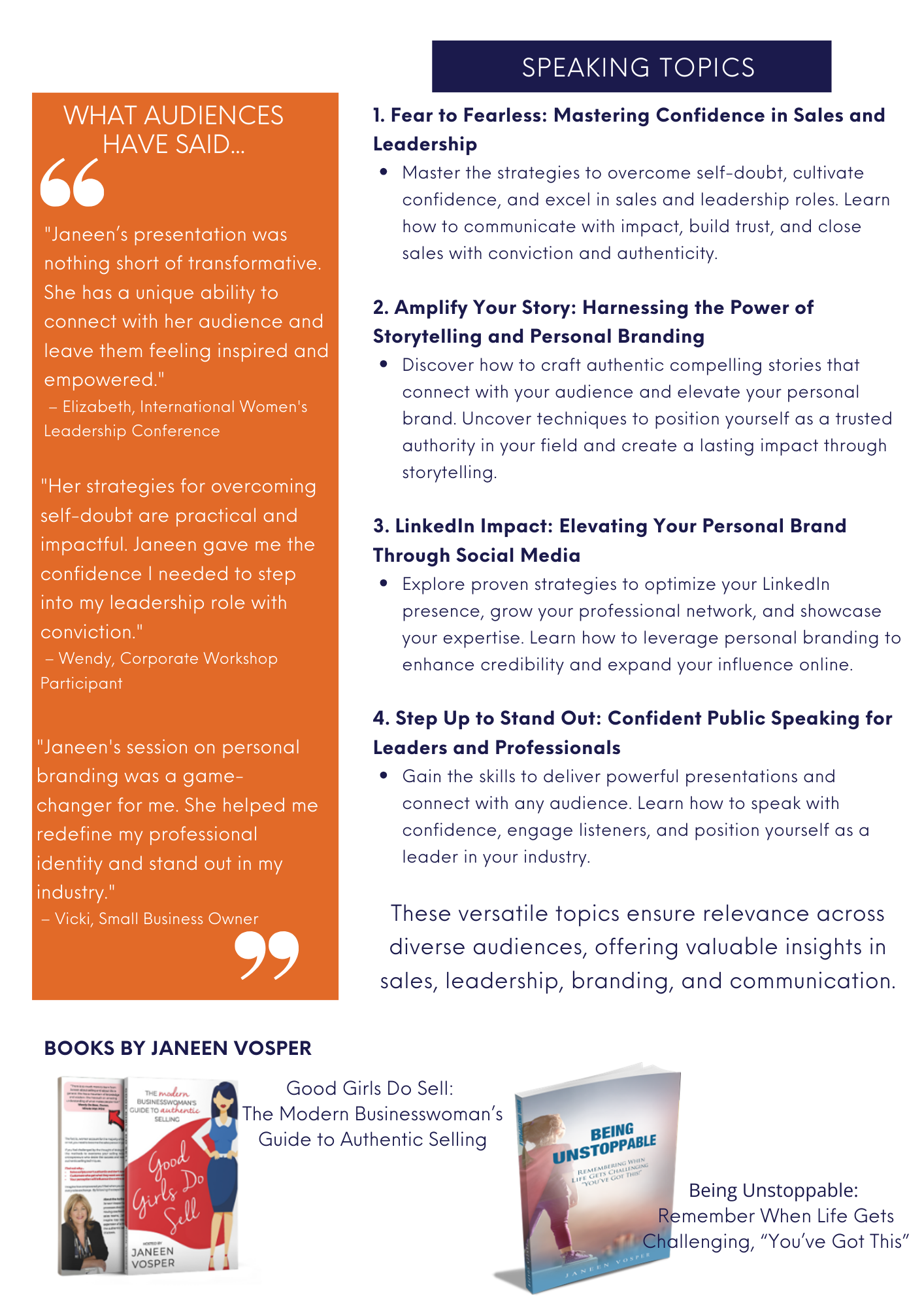 Media Kit Janeen Vosper - Speaking Topics